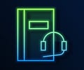 Glowing neon line Audio book icon isolated on blue background. Book with headphones. Audio guide sign. Online learning Royalty Free Stock Photo