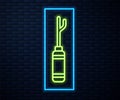 Glowing neon line Awl tool with wooden handle icon isolated on brick wall background. Work equipment tailor industry Royalty Free Stock Photo