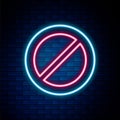 Glowing neon line Ban icon isolated on brick wall background. Stop symbol. Colorful outline concept. Vector