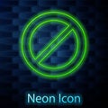 Glowing neon line Ban icon isolated on brick wall background. Stop symbol. Vector