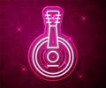 Glowing neon line Banjo icon isolated on red background. Musical instrument. Vector