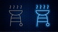 Glowing neon line Barbecue grill icon isolated on brick wall background. BBQ grill party. Vector
