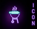 Glowing neon line Barbecue grilled shish kebab on skewer stick icon isolated on black background. BBQ meat kebab on Royalty Free Stock Photo