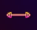 Glowing neon line Barbell icon isolated on black background. Muscle lifting icon, fitness barbell, gym, sports equipment
