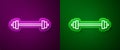 Glowing neon line Barbell icon isolated on purple and green background. Muscle lifting icon, fitness barbell, gym