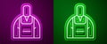 Glowing neon line Barista icon isolated on purple and green background. Vector Illustration