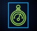 Glowing neon line Barometer icon isolated on brick wall background. Vector Royalty Free Stock Photo