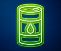 Glowing neon line Barrel oil icon isolated on blue background. Vector