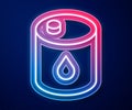 Glowing neon line Barrel oil icon isolated on blue background. Vector