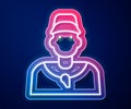 Glowing neon line Baseball coach icon isolated on blue background. Vector