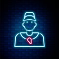 Glowing neon line Baseball coach icon isolated on brick wall background. Colorful outline concept. Vector