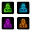 Glowing neon line Baseball player icon isolated on white background. Black square button. Vector Royalty Free Stock Photo