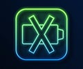 Glowing neon line Battery charge level indicator icon isolated on blue background. Vector