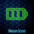 Glowing neon line Battery charge level indicator icon isolated on brick wall background. Vector Royalty Free Stock Photo