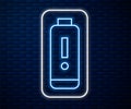 Glowing neon line Battery charge level indicator icon isolated on brick wall background. Vector Illustration