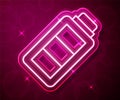 Glowing neon line Battery charge level indicator icon isolated on red background. Vector