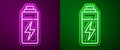 Glowing neon line Battery icon isolated on purple and green background. Lightning bolt symbol. Vector Royalty Free Stock Photo