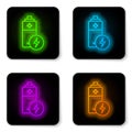 Glowing neon line Battery icon isolated on white background. Lightning bolt symbol. Black square button. Vector