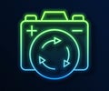 Glowing neon line Battery with recycle symbol icon isolated on blue background. Battery with recycling symbol -