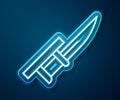 Glowing neon line Bayonet on rifle icon isolated on blue background. Vector