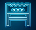 Glowing neon line BBQ brazier icon isolated on blue background. Vector