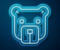 Glowing neon line Bear head icon isolated on blue background. Vector