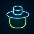 Glowing neon line Beekeeper with protect hat icon isolated on black background. Special protective uniform. Colorful