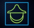 Glowing neon line Beekeeper with protect hat icon isolated on brick wall background. Special protective uniform. Vector