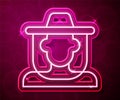 Glowing neon line Beekeeper with protect hat icon isolated on red background. Special protective uniform. Vector