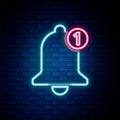 Glowing neon line Bell icon isolated on brick wall background. New Notification icon. New message icon. Colorful outline Royalty Free Stock Photo