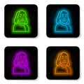 Glowing neon line Benjamin Franklin icon isolated on white background. Black square button. Vector