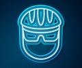 Glowing neon line Bicycle helmet icon isolated on blue background. Extreme sport. Sport equipment. Vector Royalty Free Stock Photo