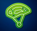 Glowing neon line Bicycle helmet icon isolated on blue background. Extreme sport. Sport equipment. Vector Royalty Free Stock Photo