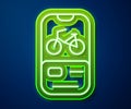 Glowing neon line Bicycle rental mobile app icon isolated on blue background. Smart service for rent bicycles in the Royalty Free Stock Photo