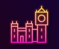 Glowing neon line Big Ben tower icon isolated on black background. Symbol of London and United Kingdom. Vector Royalty Free Stock Photo