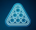Glowing neon line Billiard balls in a rack triangle icon isolated on blue background. Vector Royalty Free Stock Photo