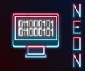 Glowing neon line Binary code icon isolated on black background. Colorful outline concept. Vector Royalty Free Stock Photo