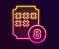 Glowing neon line Bingo or lottery ball on bingo card with lucky numbers icon isolated on black background. Vector Royalty Free Stock Photo