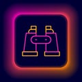 Glowing neon line Binoculars icon isolated on black background. Find software sign. Spy equipment symbol. Colorful