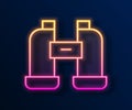 Glowing neon line Binoculars icon isolated on black background. Find software sign. Spy equipment symbol. Vector