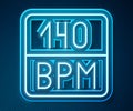 Glowing neon line Bitrate icon isolated on blue background. Music speed. Sound quality. Vector