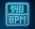 Glowing neon line Bitrate icon isolated on blue background. Music speed. Sound quality. Vector Royalty Free Stock Photo