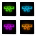 Glowing neon line Black karate belt icon isolated on white background. Black square button. Vector