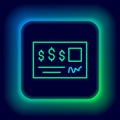 Glowing neon line Blank template of the bank check and pen icon isolated on black background. Checkbook cheque page with Royalty Free Stock Photo