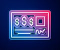 Glowing neon line Blank template of the bank check and pen icon isolated on blue background. Checkbook cheque page with Royalty Free Stock Photo