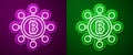 Glowing neon line Blockchain technology Bitcoin icon isolated on purple and green background. Abstract geometric block Royalty Free Stock Photo