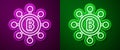 Glowing neon line Blockchain technology Bitcoin icon isolated on purple and green background. Abstract geometric block