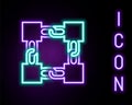 Glowing neon line Blockchain technology icon isolated on black background. Cryptocurrency data. Abstract geometric block Royalty Free Stock Photo