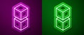 Glowing neon line Blockchain technology icon isolated on purple and green background. Cryptocurrency data. Abstract geometric Royalty Free Stock Photo