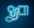 Glowing neon line Blood pressure icon isolated on blue background. Vector